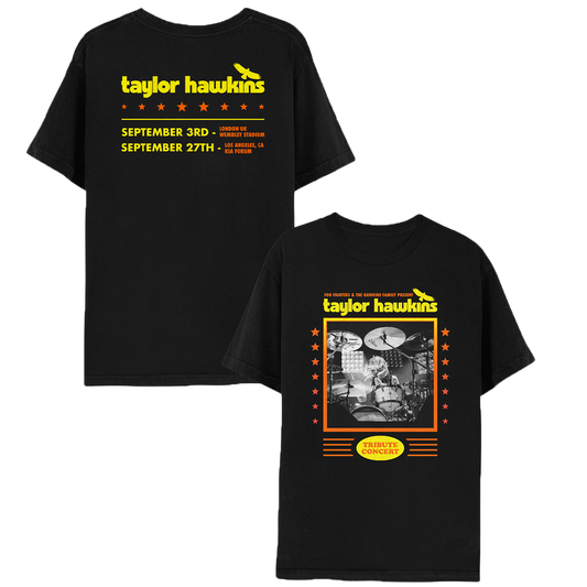 Taylor Hawkins Tribute Concert Tee - Black & Yellow - Benefitting Music Cares (USA) and Music Support (UK)